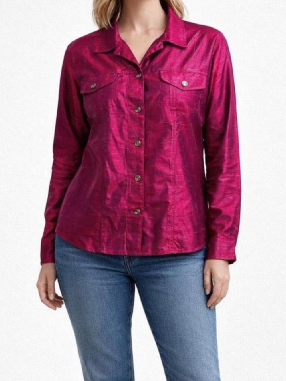 Womens Magenta 100% Shantung Silk Blouse Size Large